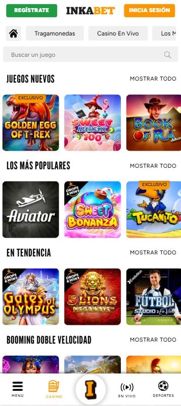 Juegos en la app Inkabet.